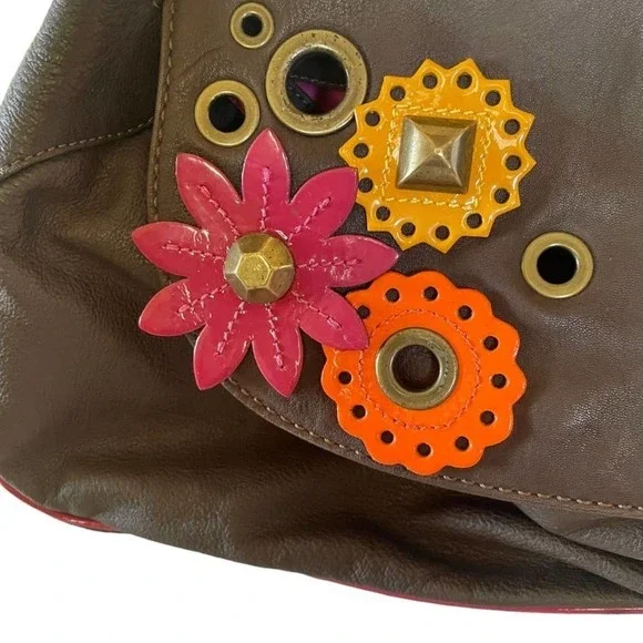 Moschino Cheap and Chic Brown Leather Studded Flower Hobo Handbag Purse - Picture 10 of 11
